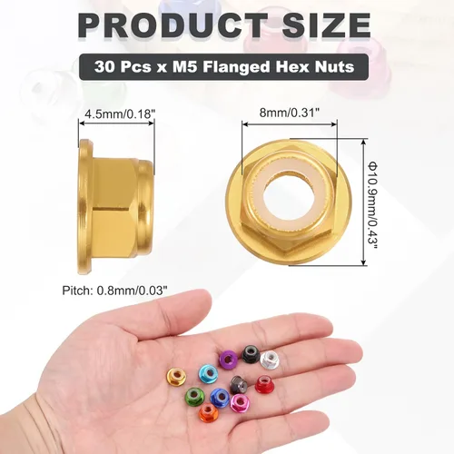 Miniatura 2 de MECCANIXITY 30 piezas de tuercas de bloqueo de aleación de aluminio M5 con paso de 0.8 mm, tuercas hexagonales con brida de nylon con rosca dentada
