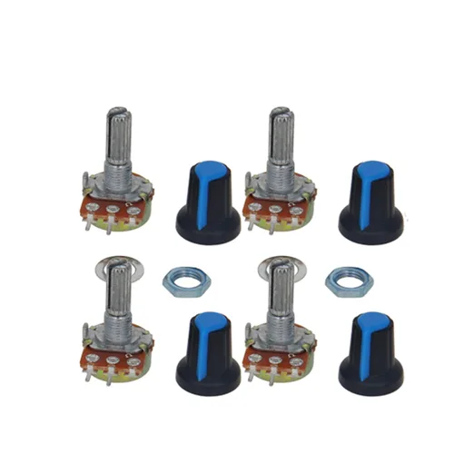 Miniatura 7 de Heyiarbeit Potenciómetro de película de carbono WH148 de 100 K Ohm, potenciómetro giratorio de una sola vuelta con pomos negros, 3 pines, 0.591 in