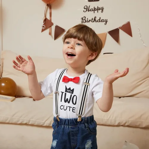 Miniatura 65 de Conjunto de ropa de cumpleaños para bebé niño pequeño, con tirantes, pantalones de mezclilla rasgados