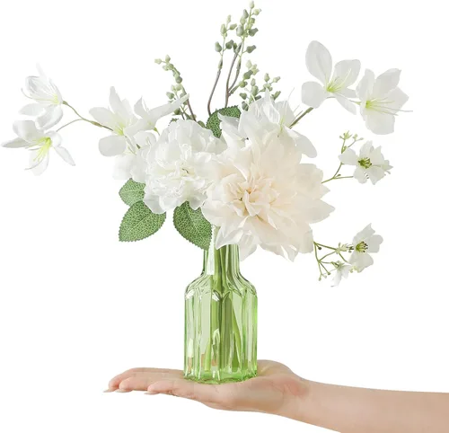 Miniatura 11 de Flores artificiales pequeñas de 11.8 pulgadas en jarrón de cerámica, centro de mesa de flores de seda púrpura para mesa de comedor, oficina, boda