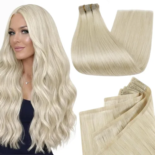 Miniatura 52 de Full Shine Extensiones de cabello humano con pinzas, cabello humano Remy invisible para mujer, color rubio platino, 20 pulgadas, 8 unidades, 4.23 oz