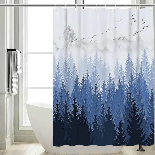 Miniatura 2 de SPXUBZ - Cortina de ducha azul con diseño de bosque, invierno navideño, montaña con niebla, naturaleza, impermeable, decoración de baño, tela