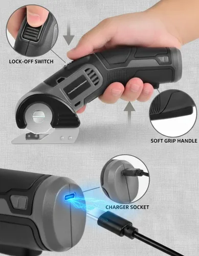 Miniatura 4 de 4V - Tijeras eléctricas inalámbricas, cortador giratorio ligero con 2 cuchillas y carga USB, para cortar cartón, tela, cuero, alfombra, plástico