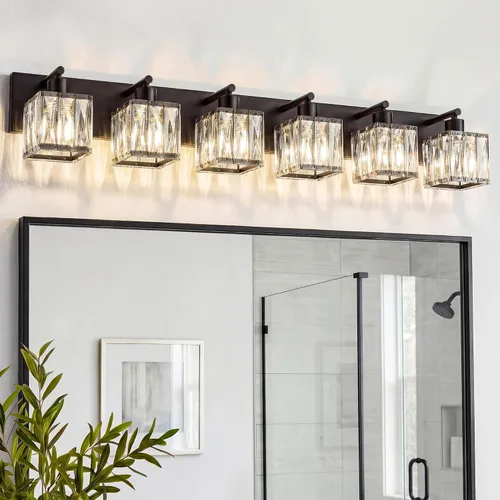 Miniatura 26 de VOLISUN Luces de tocador de cristal – 4 luces modernas de acero inoxidable para baño sobre espejo, acabado cromado – Certificado UL