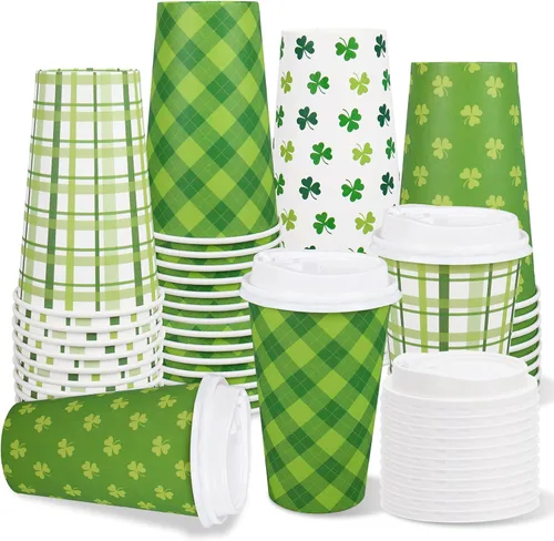 Whaline Juego de 100 tazas de café desechables del día de San Patricio con tapas, taza de papel, verde y blanco, trébol a cuadros, tazas para beber
