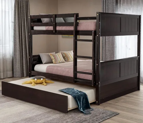 Merax Litera con nido, marco de cama de madera matrimonial sobre matrimonial, no necesita somier para niños, niños o niñas, color espresso