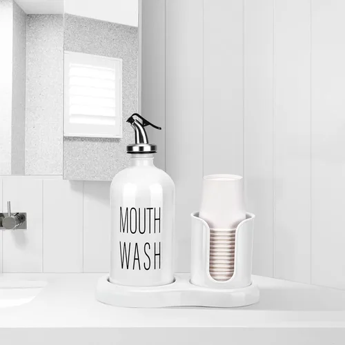 Miniatura 7 de Dispensador de enjuague bucal para baño, dispensador de enjuague bucal BYAWAY con portavasos, 14 vasos de enjuague bucal y embudo, recipiente