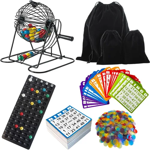 SEETOOOGAMES Juego de bingo de lujo, jaula de metal, 50 tarjetas de bingo, 500 hojas de papel, 500 fichas, 75 bolas, tablero maestro de plástico,