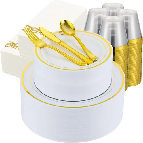 Miniatura 11 de Juego de vajilla de oro de 175 piezas para 25 invitados, platos desechables de plástico blanco con borde dorado resistentes para fiesta y boda