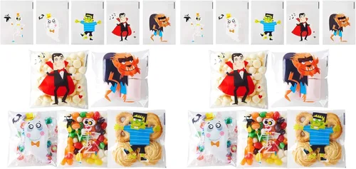 Miniatura 8 de CCINEE 200 bolsas de golosinas de Halloween, bolsas transparentes autoadhesivas para dulces, bolsas de plástico de celofán para galletas, regalos