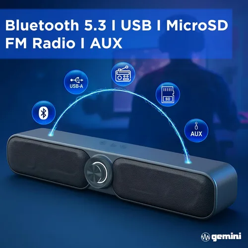Miniatura 3 de Gemini Barra de sonido Bluetooth portátil alimentada por batería con radio FM incorporada, USB y microSD, altavoz inalámbrico