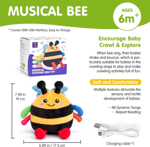 Miniatura 9 de hahaland Juguete de abeja que rebota para el tiempo boca abajo para 6 a 12 meses, juguete musical de abeja de peluche bailarín, juguete de abeja