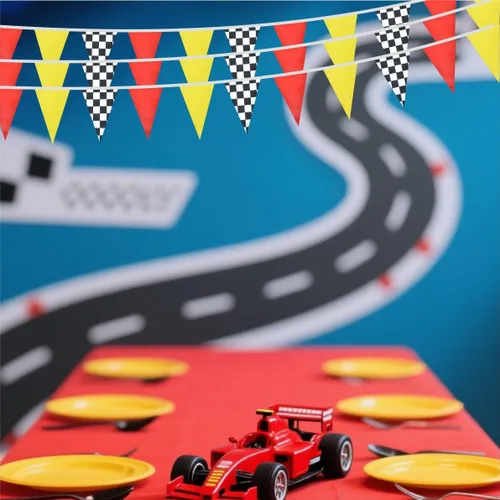 Miniatura 3 de Paquete de 2 banderas de banderines rojos, amarillos y a cuadros, decoraciones para fiestas de cumpleaños de coches de carreras, 66 pies, 60