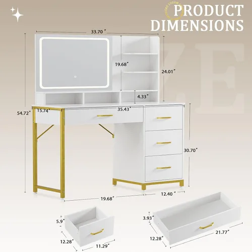 Miniatura 9 de COMHOMA Escritorio de tocador con espejo y luces, mesa de tocador de maquillaje con 4 cajones y estantes de almacenamiento, espejo HD grande, 3
