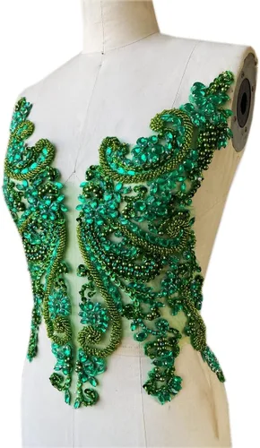 Miniatura 2 de Apliques de encaje hechos a mano con diamantes de imitación para coser en cuentas y lentejuelas para accesorios de ropa de vestido, (verde)