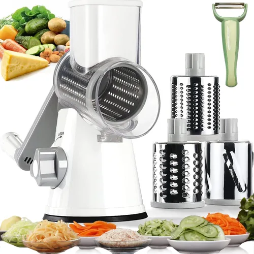 Miniatura 10 de Rallador de queso giratorio manual, 5 cuchillas intercambiables, mandolina redonda, trituradora de verduras, trituradora de tambor, picadora de Verde