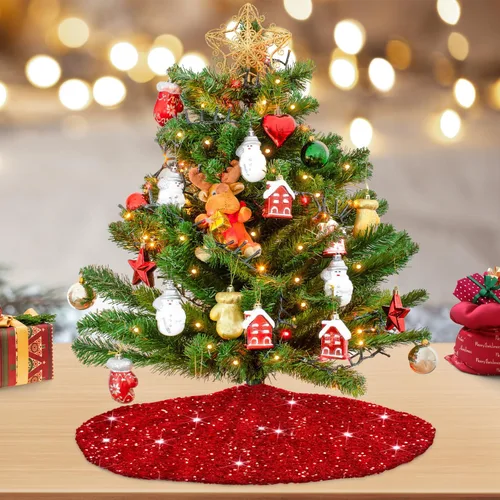 Miniatura 2 de MODFUNS Falda Roja para Árbol de Navidad Mini Faldas con Purpurina para Árbol de 21 Pulgadas Falda para Árbol de Navidad con Lentejuelas Tapete