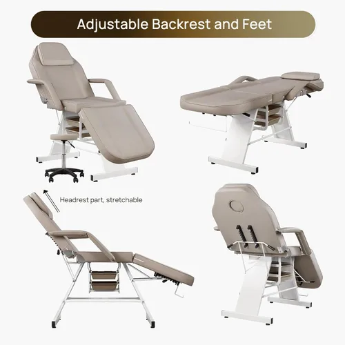 Miniatura 7 de Silla facial de masaje de 73 pulgadas, silla de tatuaje ajustable para artista con taburete, cama facial para spa, belleza, esteticista, gris