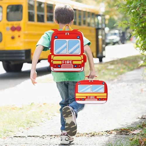 Miniatura 7 de Mochila para niños pequeños, preescolar, autobús, bolsa de libros 3D para jardín de infantes con lonchera aislante