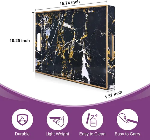 Miniatura 2 de Gifturbo - Bandeja de servir negra, bandejas de servir decorativas de mármol con asas, bandejas rectangulares de plástico para mesa de café otomanas