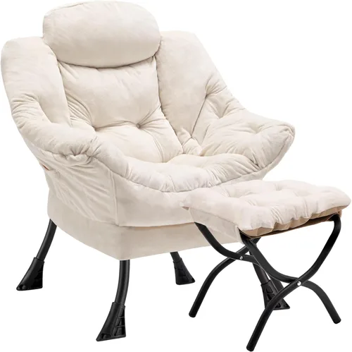 Miniatura 10 de Silla perezosa con otomana plegable, sofá de ocio, sillón de tela suave con reposabrazos y bolsillos laterales, silla de lectura con reposapiés