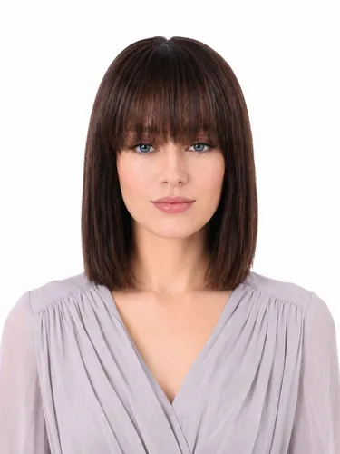 Miniatura 23 de Peluca de cabello humano lacio rubio 613 de 15 pulgadas con flequillo, sin pegamento, sin encaje frontal, Yaki Bob para mujer