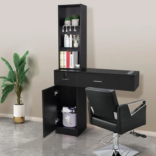 Miniatura 9 de OmySalon Estaciones de peluquería de montaje en pared, estaciones de salón para estilistas, juego de equipos de peinado con un gabinete de Negro