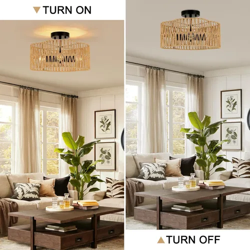 Miniatura 6 de Lámparas Bohemias de Techo con Montaje, Lámpara de Techo de Ratán Estilo Granja de 4 Luces, Lámpara de Techo Semi Empotrada con Pantalla Tejida a