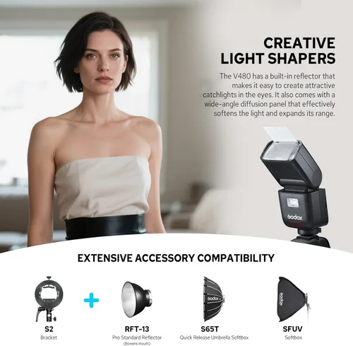Miniatura 11 de Godox V480-S V480 Flash para Sony, Speedlite con Pantalla Táctil, GN50 de Alta Salida, Carga USB-C, Reciclaje Rápido de 1.7s, 650 Parpadeos