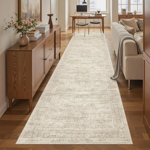 Miniatura 2 de Alfombra de pasillo Soalmost 2'6" x 10' lavable, alfombra antideslizante para cocina, baño, lavandería, alfombras vintage ultra delgadas para Beige