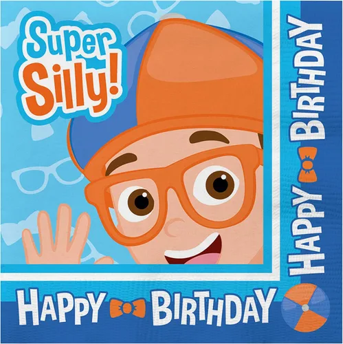 Treasures Gifted Suministros para fiesta de cumpleaños con licencia oficial de Blippi, paquete de 16 servilletas, suministros para fiesta de Blippi,