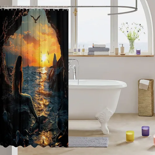 Miniatura 3 de Castle Fairy Cortinas de ducha impermeables 3D de sirena de ensueño, tela de paisaje, cortina de ducha de baño, diseño de mar, miau, pájaros