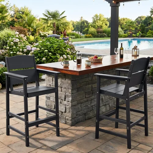 Miniatura 11 de Paquete de 2 taburetes de bar para exteriores, sillas de bar de patio de polietileno de alta densidad con reposabrazos y reposapiés, resistentes a