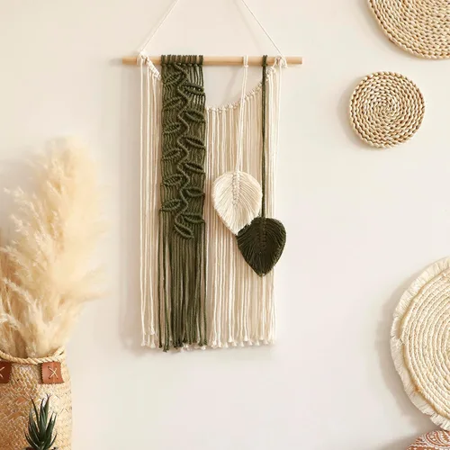 Miniatura 10 de Tapiz de hojas de macramé para decoración de pared, tapices tejidos bohemios, arte de pared de hojas de otoño, grandes borlas bohemias, adorno