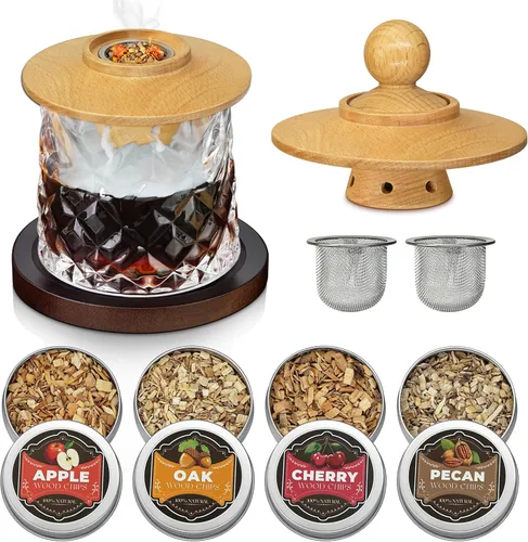 Kit de ahumador de whisky, kit de infusor de ahumador de cócteles con 2 cuencos de filtro de malla de acero inoxidable, chips de madera de 4