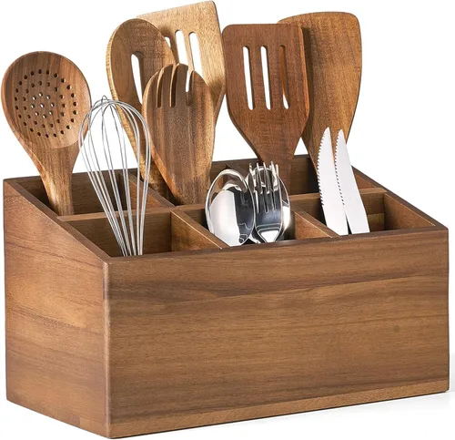 Soporte para utensilios de madera, organizador de utensilios de cocina, grande con 6 compartimentos, soporte para utensilios de cocina, contenedor