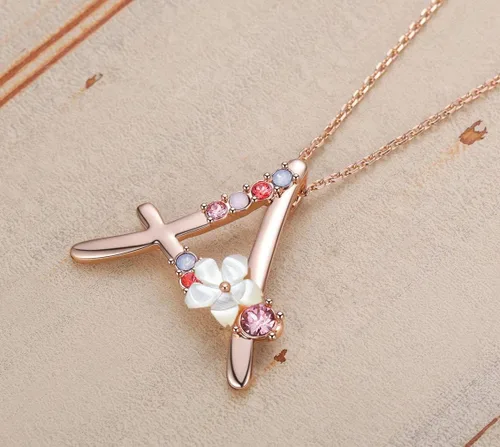 Miniatura 3 de Collar Gemmance de flor, con inicial, de amatista, rosa, rubí rojo, ópalo azul, perla sintética, con nombre, de joyería, hecha con cristales