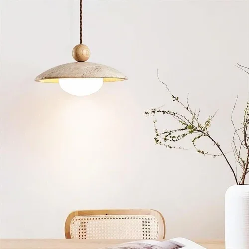 Nordic Solid Wood Pendant Light Japanese Style Kitchen Island Hanging Lamp 9.8IN Natural Travertine Chandelier with Glass Shade for Restaurant Bar