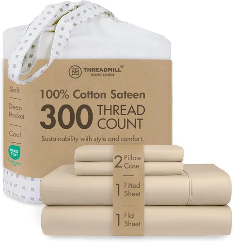 Miniatura 42 de Threadmill Sábanas 100% Algodón para Cama Tamaño King Juego de Sábanas de 4 Piezas para Cama King Suave, Transpirable y Ligero Satén de Damasco