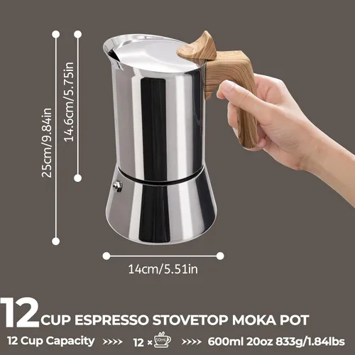 Miniatura 2 de Cafetera Moka de 2 Tazas sin Recubrimiento de Acero Inoxidable Grueso 304, Cafetera Espresso para Estufa, Cafetera Italiana Clásica para Preparar