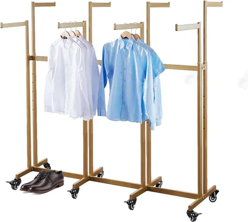 Miniatura 17 de Perchero de pie de metal para ropa - Estantes de exhibición resistentes para uso comercial con ruedas, perchero de ropa de 6 brazos, perchas
