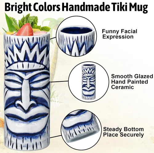 Miniatura 5 de Tiki - Juego de 2 tazas de cerámica hawaianas con pajitas de 15 onzas, hechas a mano, diseño único para fiestas