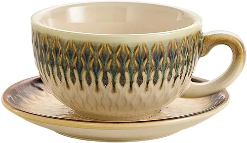 Miniatura 20 de Coffeezone Diseño Vintage 12 oz Taza de Barista de Café con Leche con Platillo para Arte de Café con Leche en Cerámica (Beige)