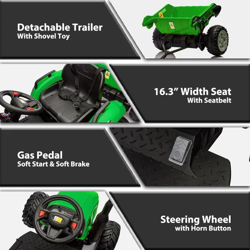 Miniatura 6 de sopbost Tractor de Juguete de 24V 10Ah para Niños Grandes 6+ 2WD con Remolque Eléctrico, Control Remoto, Ruedas EVA Extra Grandes, Capacidad de Verde