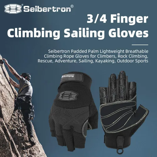 Miniatura 3 de Seibertron Guantes de palma acolchada con dedos completos o semi-dedos, ligeros y transpirables para escaladores, escalada en roca, rescate, 3/4