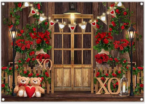 Telón de fondo de fotografía de poliéster para el día de San Valentín, 7 x 5 pies, diseño de rosa roja, fondo de madera, corazón, oso, amor,