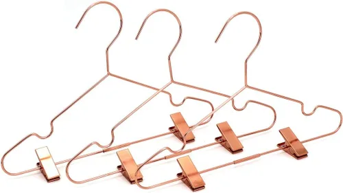 Miniatura 6 de Paquete de 25 perchas de alambre de metal brillante color oro rosa de 13 pulgadas con clips ajustables para almacenamiento y exhibición de camisas