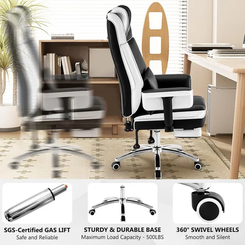 Miniatura 7 de Silla de oficina resistente con reposapiés de respaldo alto, silla de oficina de piel sintética con soporte lumbar ajustable, silla de escritorio