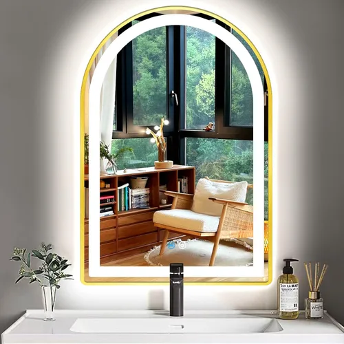 Miniatura 11 de Espejo LED de arco dorado de 16 x 24 pulgadas para baño, pared, maquillaje, mesa, escritorio, espejo de tocador dorado con luces, memoria