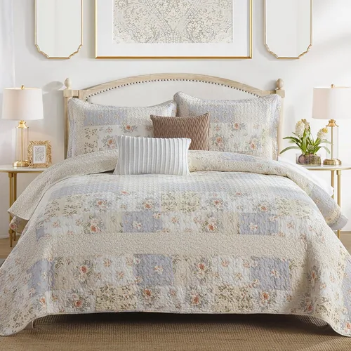 Miniatura 2 de Colcha de tamaño Queen extragrande de 102 x 120 pulgadas, 100% algodón, ligera, extra grande, tamaño Queen con 2 fundas de almohada, colcha Beige